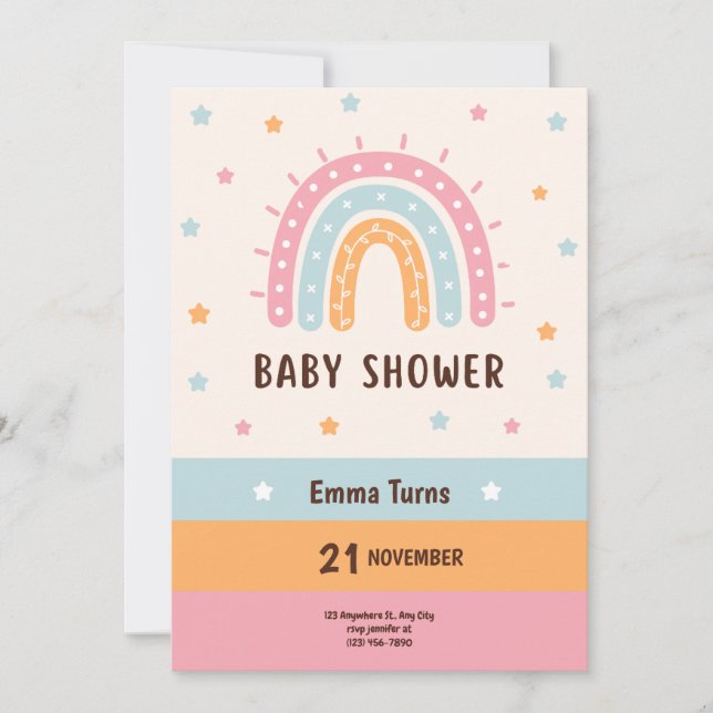 Färgfull cute Illustrated Boho Rainbow Baby Shower Spara Datumet (Framsida)