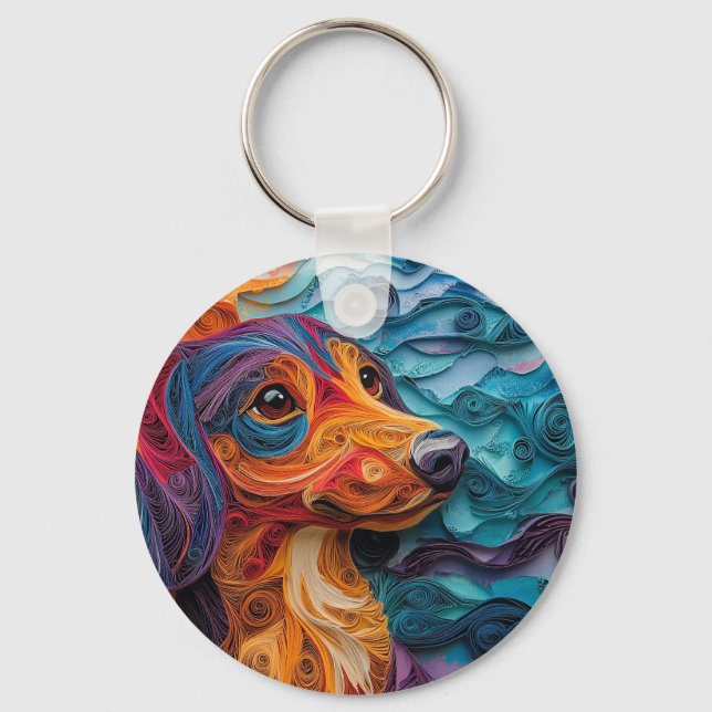 Färgfull Dachshund Hund Porträtt Nyckelring (Framsida)