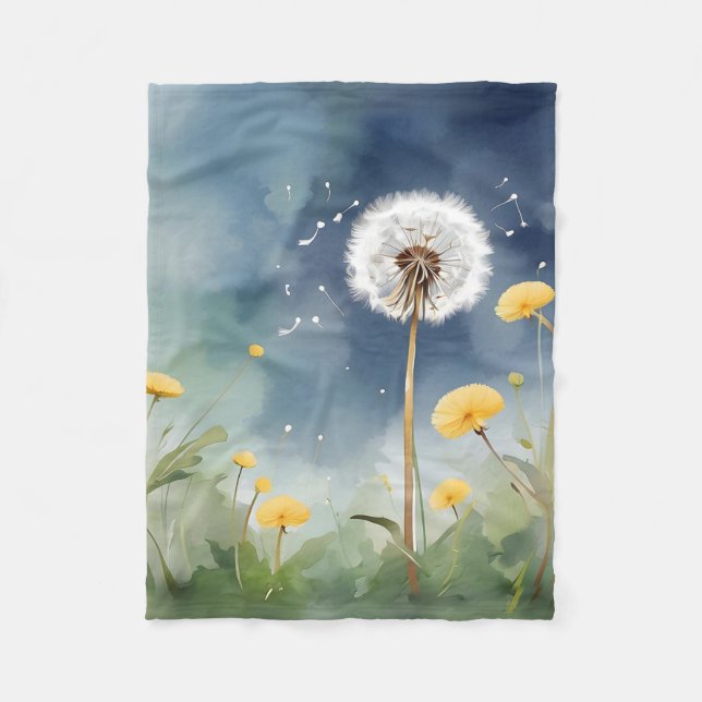 Färgfull Dandelion Watercolor Art Fleecefilt (Framsidan)
