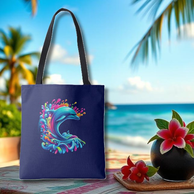 Färgfull delfin Stänk Tygkasse (Dolphin-Colorful-Beach Tote-Summer Tote- Pool Tote-Blue)