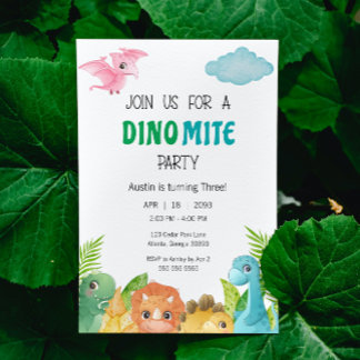 Färgfull Dino Mite Dinosaur Birthday-inbjudan Inbjudningar