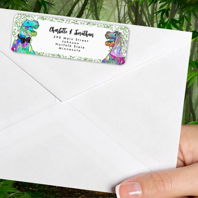 Färgfull Dinosaur Bröllop T-Rex Bride and Groom Returadress Etikett (Colorful dinosaur wedding T-Rex bride and groom custom return address labels)