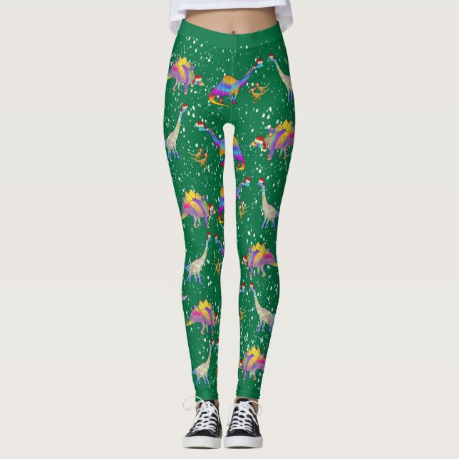 Färgfull Dinosaur-jul Leggings (Framsida)