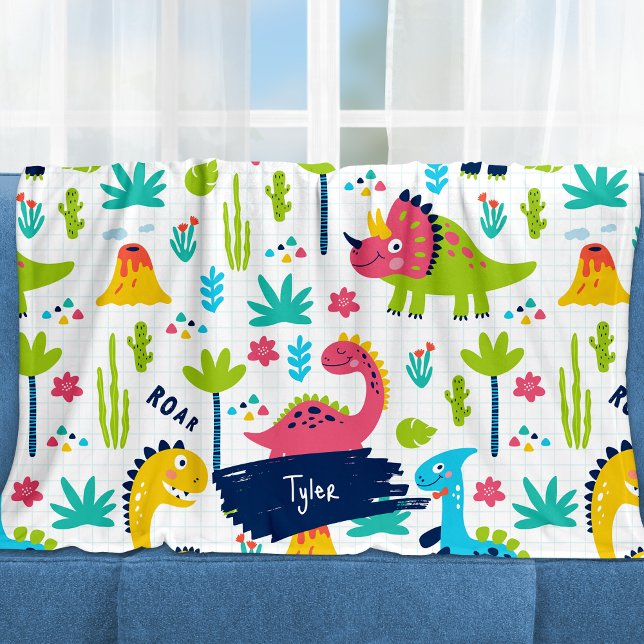 Färgfull Dinosaur Mönster med Kids Namn Fleecefilt (Skapare uppladdad)