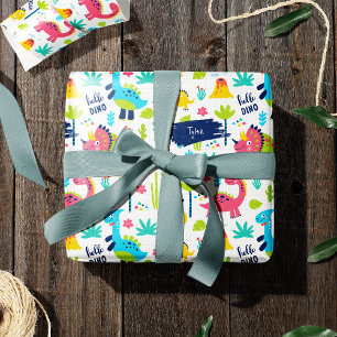 Färgfull Dinosaur Mönster med Kids Namn födelsedag Presentpapper