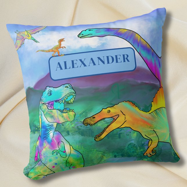 Färgfull dinosaur Personlig Kids Namn Kudde (Colorful dinosaur personalized name kids pillow Fun dino bedroom home decor)