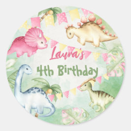 Färgfull dinosaurifödelsedagsfest personlig namn runt klistermärke