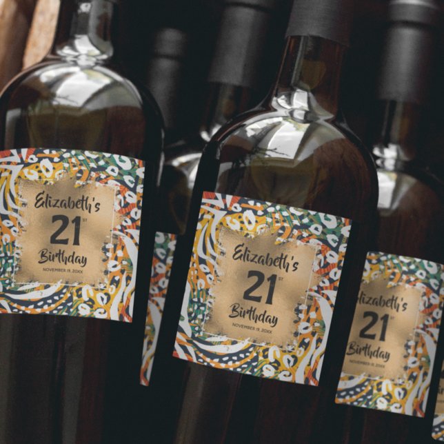 Färgfull djurutskrift 21:a födelsedagsdagen Person Vinflaska Etikett (Skapare uppladdad)
