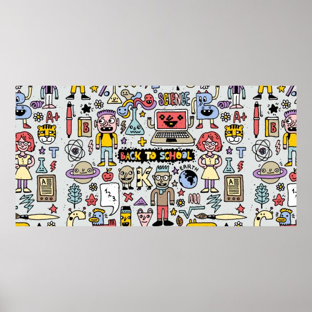 Färgfull doodlset i back to school. Vintage Poster (Framsidan)