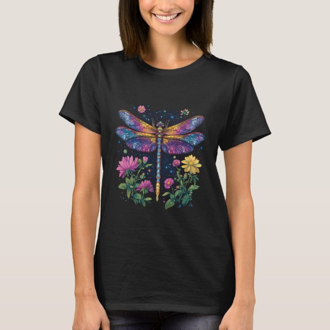 Färgfull Dragonfly med blommor T Shirt (Framsida)