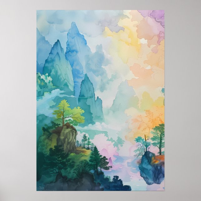 Färgfull Dreamscape med Träd och berg Poster (Framsidan)