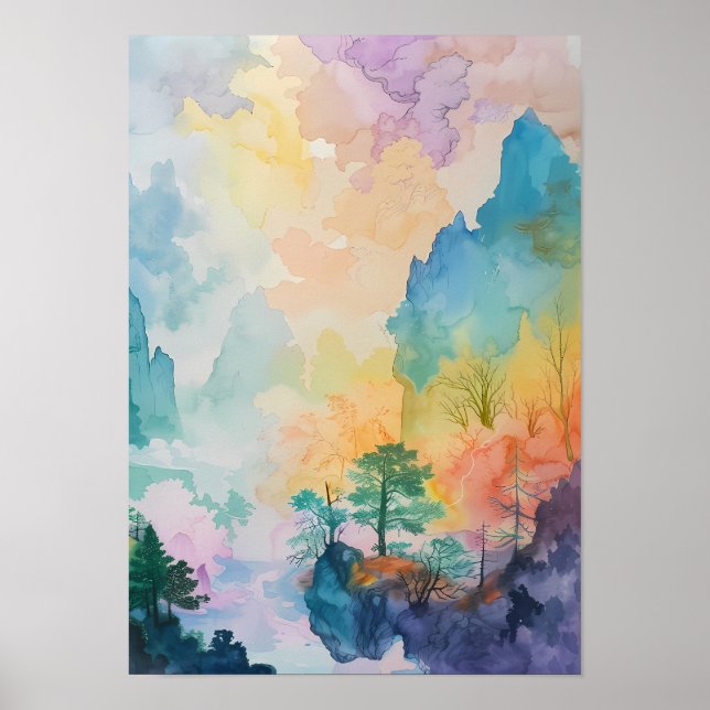 Färgfull Dreamscape med Träd och berg Poster (Framsidan)