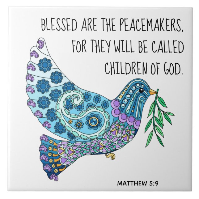 Färgfull duva med Verse om fred (Matthew 5:9) Kakelplatta (Framsidan)