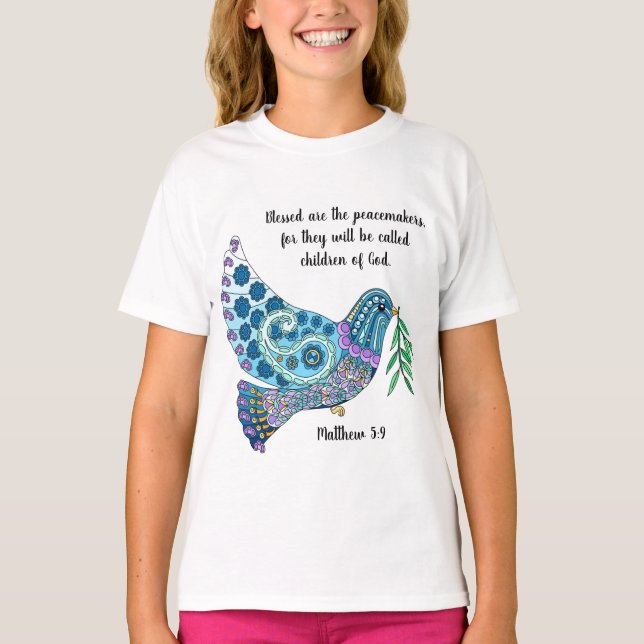 Färgfull duva med Verse om fred (Matthew 5:9) T Shirt (Framsida)