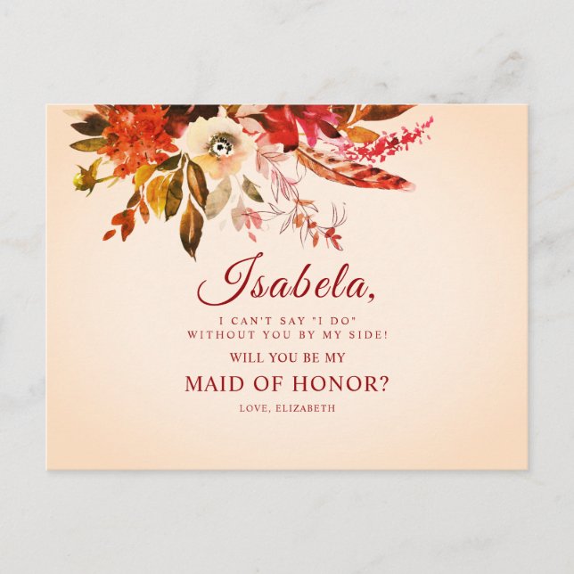 Färgfull Elegant Rustic Fall Blommigt Maid of hono Vykort (Framsida)