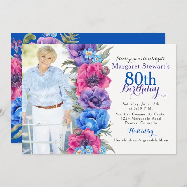 Färgfull emonBlommigt Foto 80:e födelsedagen Inbjudningar (Fram/baksida)