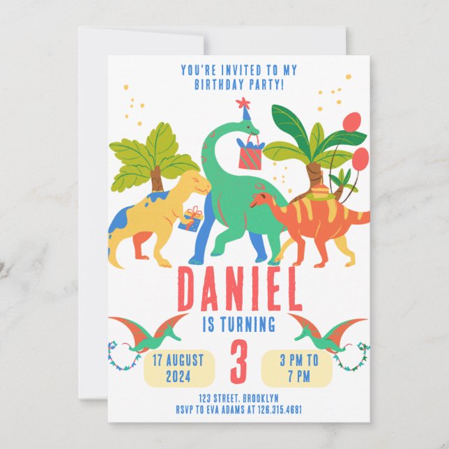 Färgfull enkel illustration Dinosaur Birthday Inbjudningar (Framsida)