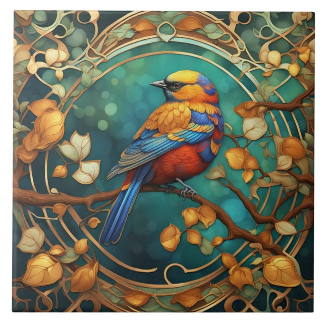 Färgfull fågel Art nouveau Art Deco Multifärgad Kakelplatta (Framsidan)