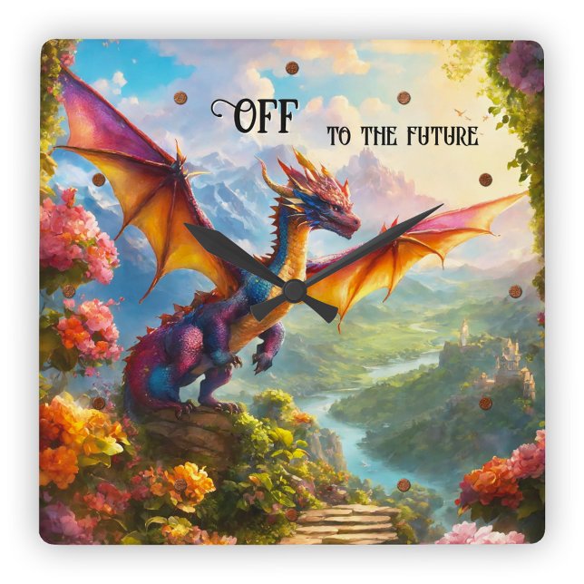 Färgfull Fantasy Dragon Av till Framtiden Fyrkantig Klocka (Wall clock featuring a colorful painting of a dragon in a landscape scene with flowers and mountains)