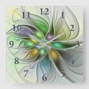Färgfull Fantasy Flower Modern Abstrakt Fractal Fyrkantig Klocka