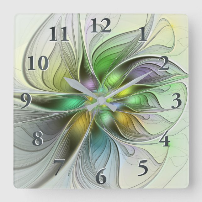 Färgfull Fantasy Flower Modern Abstrakt Fractal Fyrkantig Klocka (Framsida)
