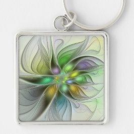 Färgfull Fantasy Flower Modern Abstrakt Fractal Fyrkantig Silverfärgad Nyckelring