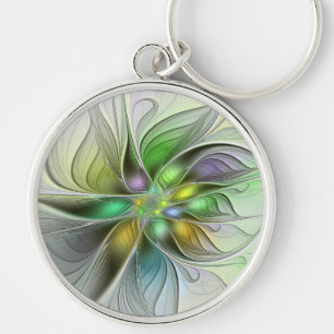 Färgfull Fantasy Flower Modern Abstrakt Fractal Rund Silverfärgad Nyckelring