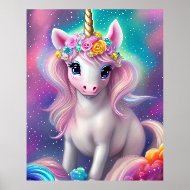 Färgfull Fantasy Kawaii Unicorn Poster (Framsidan)