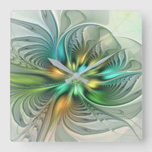 Färgfull Fantasy Modern Abstrakt Flower Fractal Fyrkantig Klocka