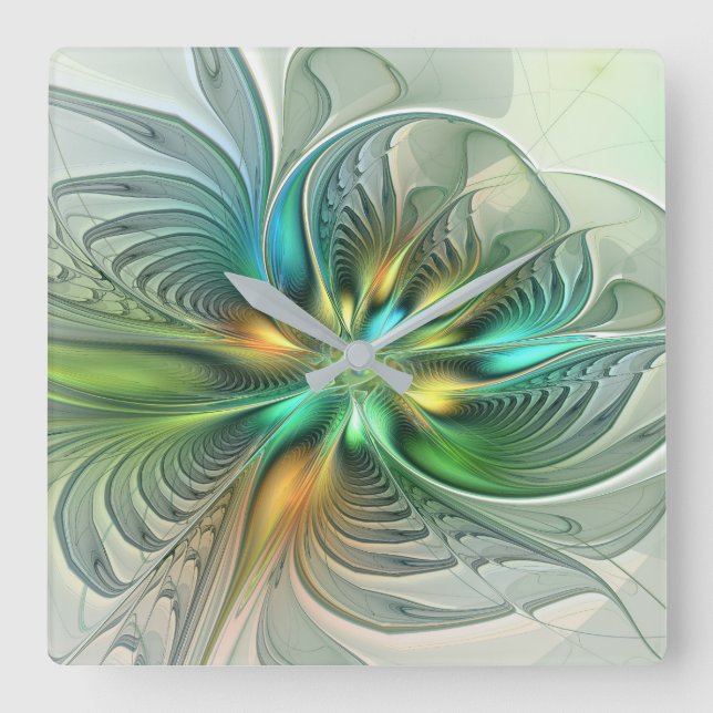 Färgfull Fantasy Modern Abstrakt Flower Fractal Fyrkantig Klocka (Framsida)