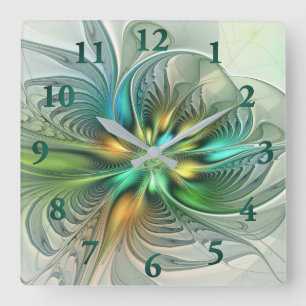 Färgfull Fantasy Modern Abstrakt Flower Fractal Fyrkantig Klocka