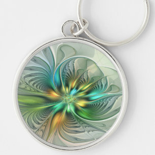 Färgfull Fantasy Modern Abstrakt Flower Fractal Rund Silverfärgad Nyckelring