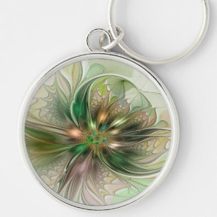 Färgfull fantasy Modern Abstrakt Fractal Flower Rund Silverfärgad Nyckelring