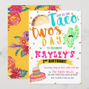 Färgfull Fiesta Taco TWO-sday Party 2:a födelsedag Inbjudningar