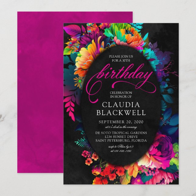 Färgfull Fiesta Watercolor Blommigt Birthday Inbjudningar (Fram/baksida)