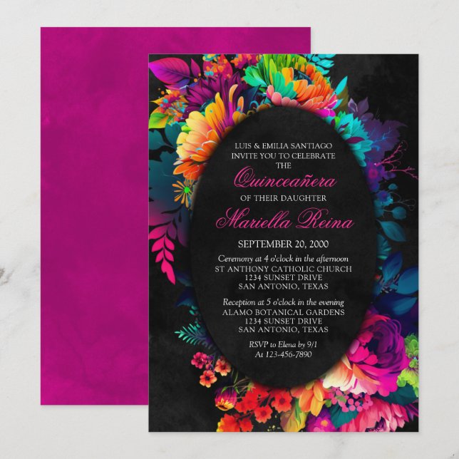 Färgfull Fiesta Watercolor Blommigt Quinceañera Inbjudningar (Fram/baksida)