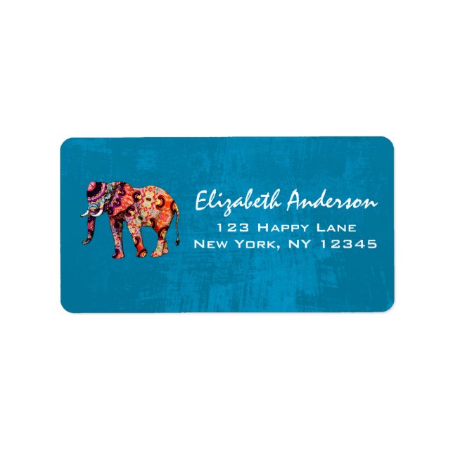Färgfull flerfärgad elefant på blå bakgrund adressetikett (Framsidan)