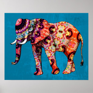 Färgfull flerfärgad elefant på blå bakgrund poster