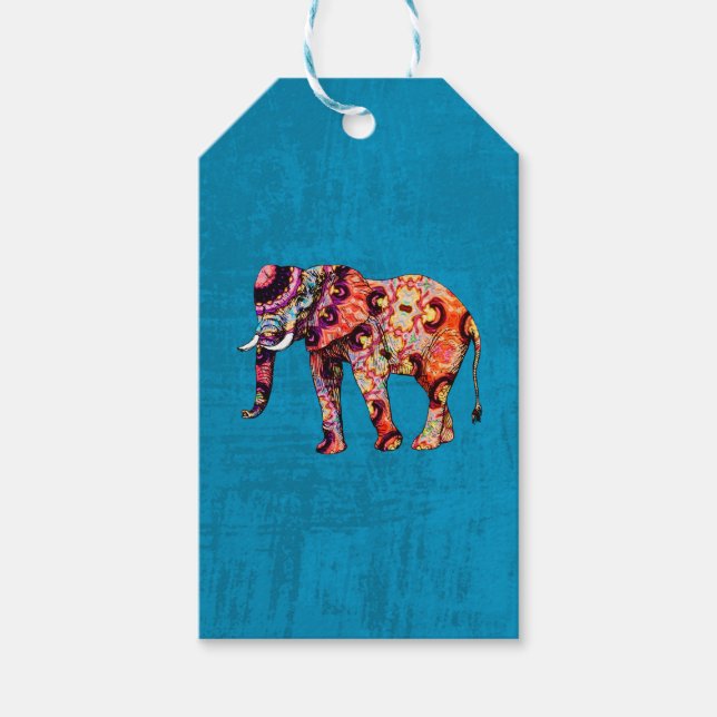 Färgfull flerfärgad elefant på blå bakgrund presentetikett (Framsidan)