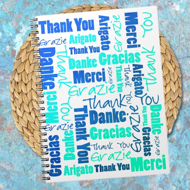 Färgfull flerspråkig Tack Gratitude Journal Anteckningsbok (Show your daily gratitude with a multilingual thank you notebook cover in blue and green typography.)
