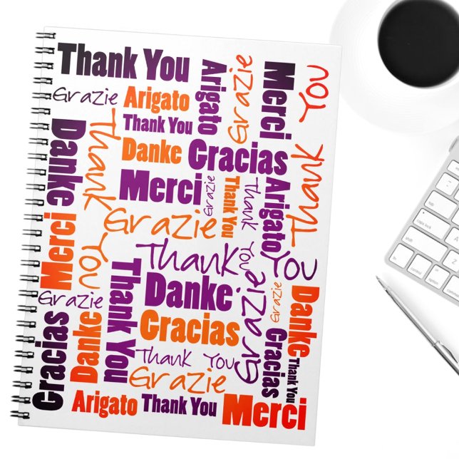 Färgfull flerspråkig Tack Gratitude Journal Anteckningsbok (multilingual word cloud notebook cover)