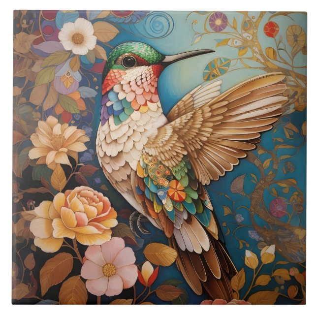 Färgfull flugmönster Hummingbird Kakelplatta (Framsidan)