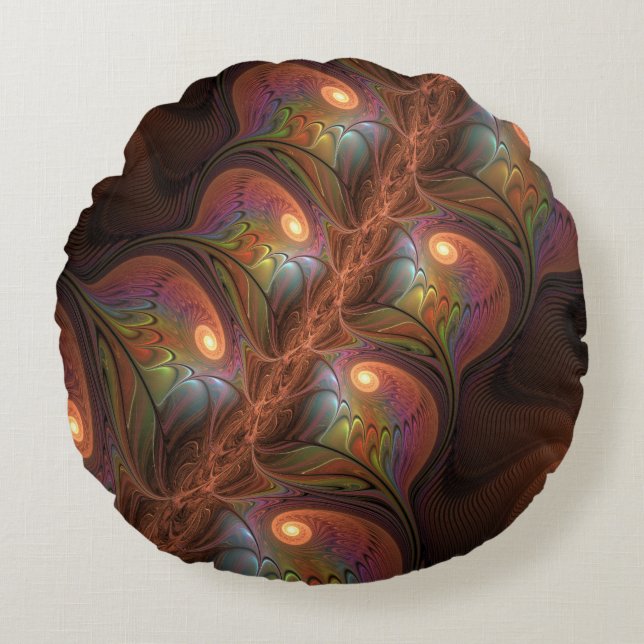 Färgfull fluorescerande Abstrakt Trippy Brown Frac Rund Kudde (Framsidan)