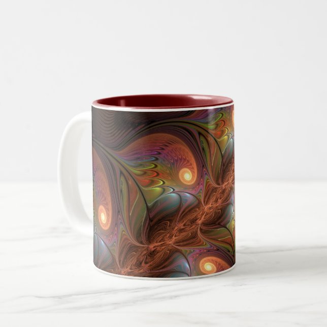 Färgfull fluorescerande Abstrakt Trippy Brown Frac Två-Tonad Mugg (Framsida vänster)