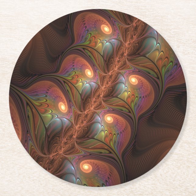 Färgfull fluorescerande Abstrakt Trippy Brown Frac Underlägg Papper Rund (Framsidan)