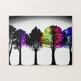Färgfull flytande på Black Silhouette Träd Pussel