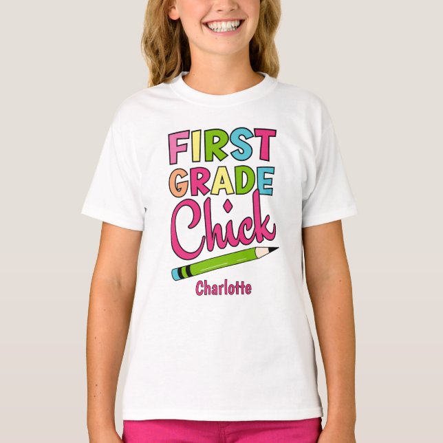 Färgfull första Klass-Chicken Back to school T Shirt (Framsida)