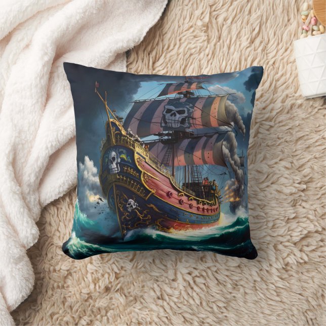 Färgfull Frakt i Pirat Navigation Stormy Seas Kudde (Filt)