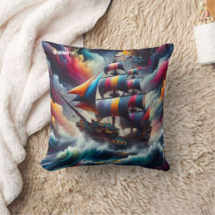 Färgfull Frakt Pirat Navigates Stormy Seas Kudde