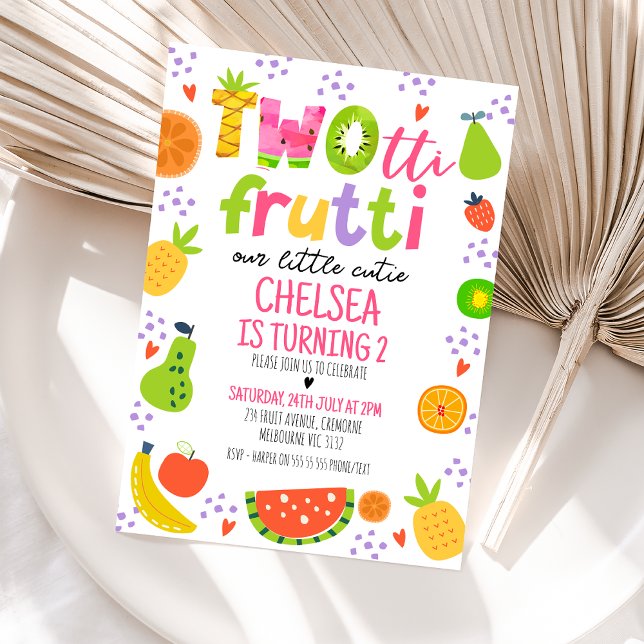 Färgfull frukt, 2:a födelsedag, 2:a födelsedag inbjudningar (Colorful Twotti Frutti 2nd Birthday Invitation Twotti Fruity Summer Second Birthday Invitation )